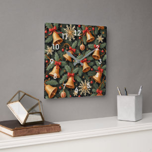 Horloge Carrée Cloches de Fêtes, Motif de Noël Décoratif,