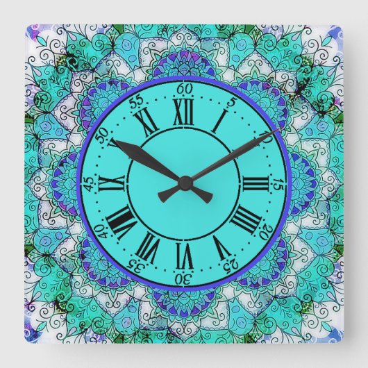 Horloge Carrée Clock bleu mandala (Recto)