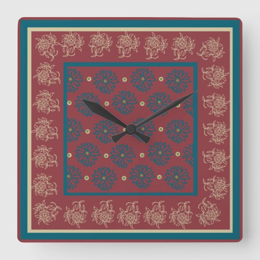 Horloge Carrée Clock, Maroon, Floral bleu (Recto)