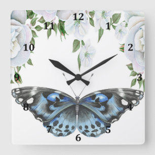 Horloge Carrée Clock with Blue Butterfly & Roses