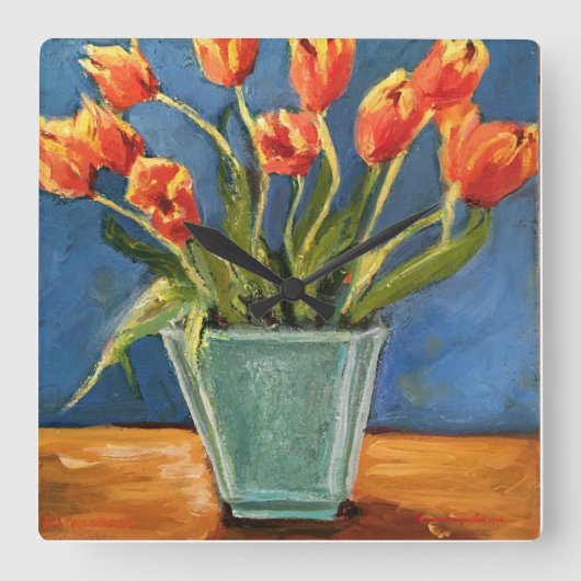 Horloge Carrée Clock with Red Orange Tulips (Recto)