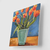 Horloge Carrée Clock with Red Orange Tulips (Angle)