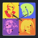 Horloge Carrée Club pop art music clock<br><div class="desc">Hang this ultra cool popart art music clock featuring silhouettes of Brahms,  Mozart,  Beethoven and Bach in office,  music room,  or other room in your home.  Great vend idea for a music teacher.</div>