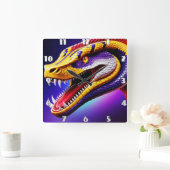 Horloge Carrée Cobra rouge vif violet blanc et jaune écailles (Maison)