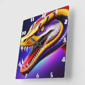 Horloge Carrée Cobra rouge vif violet blanc et jaune écailles (Angle)