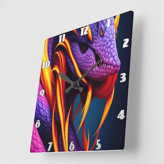 Horloge Carrée Cobra serpent avec écailles orange et violette vib (Angle)