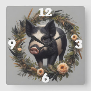 Horloge Carrée Cochon dans une couronne florale
