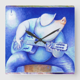 Horloge Carrée Cochon jouant guitare porte-monnaie