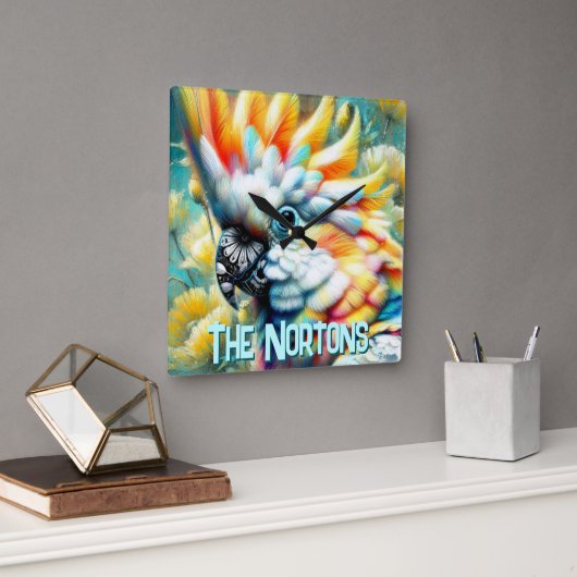 Horloge Carrée Cockatoo Bird Yellow Poppies Personalized (Bureau)
