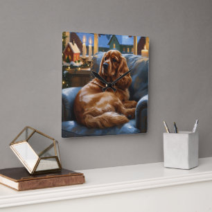Horloge Carrée Cocker Spaniel avec les lumières de Noël