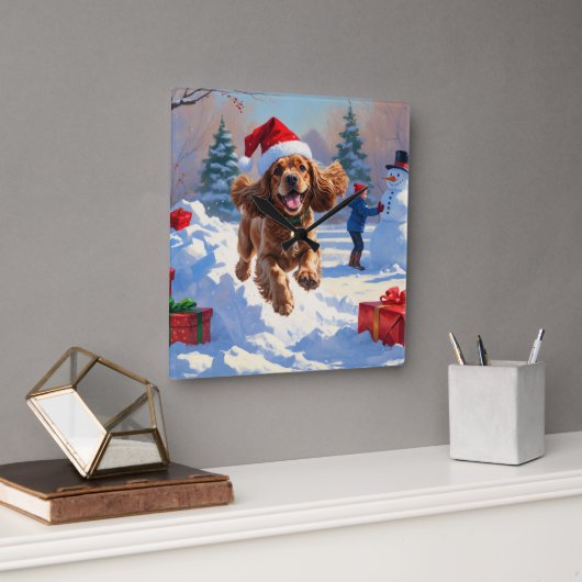 Horloge Carrée Cocker Spaniel coule dans la neige avec le Casquet (Bureau)