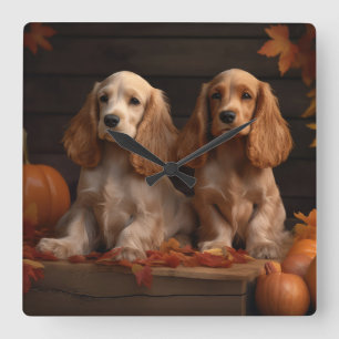Horloge Carrée Cocker Spaniel Puppy Automne Citrouille de plaisir