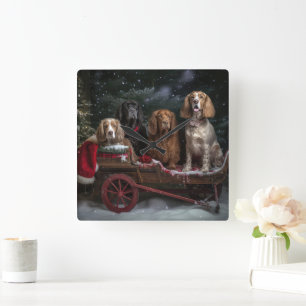 Horloge Carrée Cocker Spaniel Traîneau enneigé Décoration de Noël