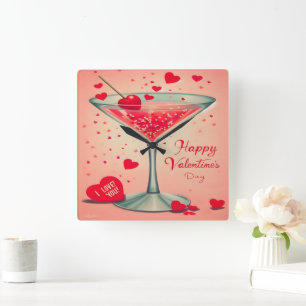 Horloge Carrée cocktail Martini de la Saint-Valentin du milieu du