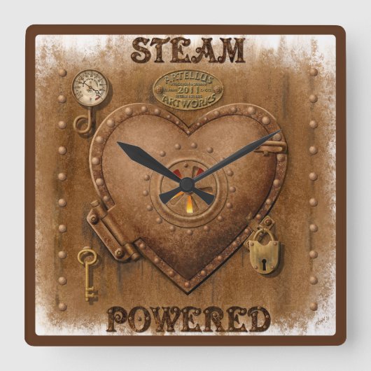 Horloge Carrée Coeur alimenté à la vapeur Steampunk (Recto)