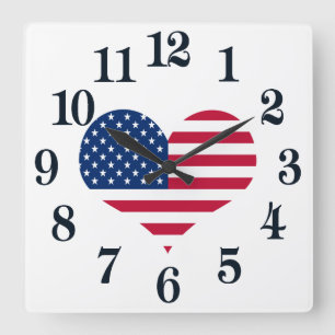 Horloge Carrée Coeur américain des Etats-Unis de drapeau de
