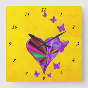 Horloge Carrée Coeur arc-en-ciel et papillon