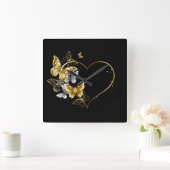 Horloge Carrée Coeur aux papillons d'or (Maison)