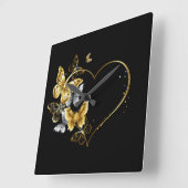Horloge Carrée Coeur aux papillons d'or (Angle)