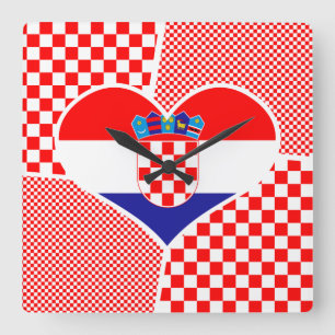 Horloge Carrée Coeur Collage Drapeau Croate Avec Des Vérificateu