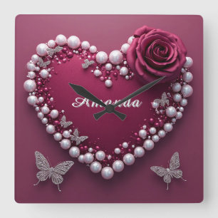 Horloge Carrée Cœur romantique avec bordure de perles