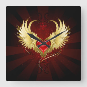 Horloge Carrée Coeur rouge avec ailes d'or