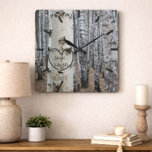 Horloge Carrée Cœur sculpté rustique de campagne personnalisé
