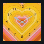 Horloge Carrée Coeur super à couche rétro<br><div class="desc">Conception de l'éclatement cardiaque rétro. Couches de coeur en orange,  jaune,  rose. Cadeaux de coeur rétro super,  décoration maison.</div>