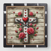 Horloge Carrée Coeurs Croix en bois Roses rouges (Recto)