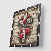 Horloge Carrée Coeurs Croix en bois Roses rouges (Angle)