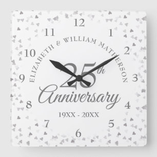 Horloge Carrée Coeurs d'argent du 25e anniversaire