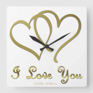 Horloge Carrée Cœurs d'Or Enlacés Je T'Aime