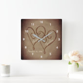 Horloge Carrée Coeurs Enmêlés En Sepia Mariage Personnalisé (Maison)