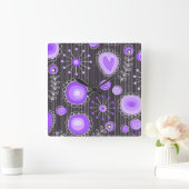 Horloge Carrée Coeurs gris violet blanc et fleurs florales (Maison)