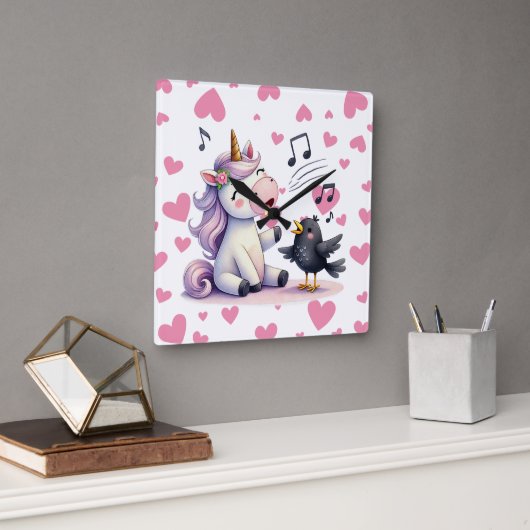 Horloge Carrée Cœurs roses de licorne (Bureau)