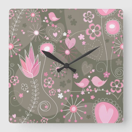 Horloge Carrée Coeurs Whimsical rose et gris, oiseaux et fleurs (Recto)