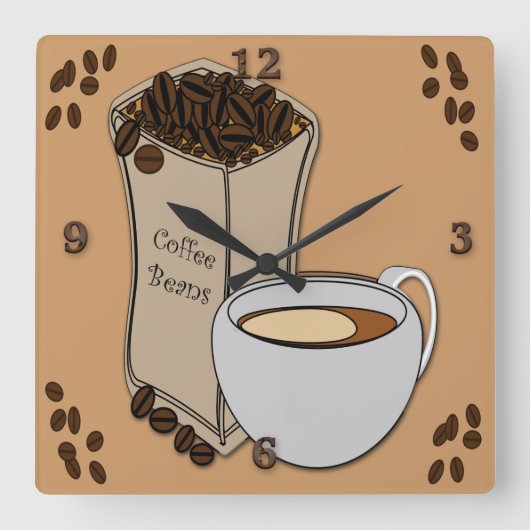 Horloge Carrée Coffee Beans Coffee Cup Design Mur Horaires (Recto)