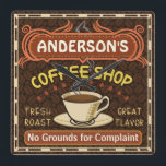 Horloge Carrée Coffee shop with Mug Create Your Own Personalized<br><div class="desc">This coffee-themed square wall clock est parfait pour anyone who runs their own coffee shop or has a coffee theme in their home kitchen decor. Done en retro brown, orange, beige et yellow, this espresso / cappuccino inspectoro design feobjets a cup on saucer, two personalized text banners and the words...</div>