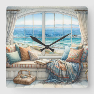Horloge Carrée Coin de fenêtre côtier confortable Cottagecore