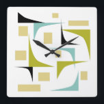 Horloge Carrée Coins géométriques de l'âge atomique rétro milieu<br><div class="desc">Ajoutez une pop de couleur à votre mur avec cette horloge moderne du milieu du siècle funky! Il présente des couleurs amusantes,  bleu aqua,  vert avocat,  jaune et noir géométriques.</div>