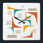 Horloge Carrée Coins géométriques de l'ère atomique du milieu du<br><div class="desc">Ajoutez une pop de couleur à votre mur avec cette horloge moderne du milieu du siècle funky! Il présente les couleurs amusantes du bleu turquoise,  de l'orange brûlé,  du bronzage et de l'orange jaunâtre.</div>