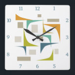 Horloge Carrée Coins géométriques rétro atomique du milieu du siè<br><div class="desc">Ajoutez une pop de couleur à votre mur avec cette horloge moderne du milieu du siècle funky! Les couleurs vives et audacieuses des formes géométriques turquoise,  bleue,  vert olive,  orange et bronzée sont assorties aux chiffres bleus.</div>