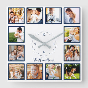 Horloge Carrée Collage Chic 12 Photos de Famille Bleu et Blanc