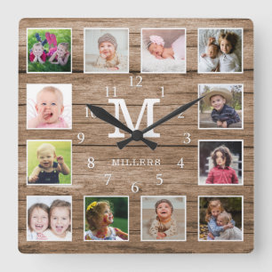 Horloge Carrée Collage de 12 photos personnalisé avec monogramme