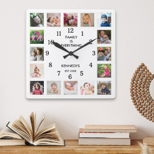 Horloge Carrée Collage de 16 photos personnalisé Citation de fami
