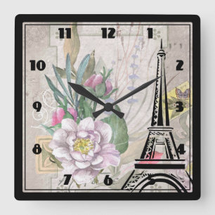 Horloge Carrée Collage de fleurs vintages et Dessin Tour Eiffel