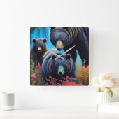 Horloge Carrée Collage de la famille de l'ours (Maison)