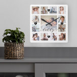 Horloge Carrée Collage de la grille photo de la famille Daddy Scr<br><div class="desc">Un beau cadeau personnalisé pour votre père qu'il chérira pendant des années. Dispose d'une moderne treize matrices photo pour afficher 13 de vos propres souvenirs de photos de famille. "Papa" a été conçu dans un magnifique style manuscrit noir. Chaque photo est encadrée d'un simple cadre doré. Les coeurs noirs simples...</div>