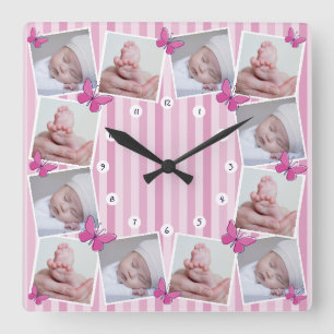 Horloge Carrée Collage de photos de bébé papillon rose des 12 pre