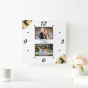 Horloge Carrée Collage de photos de couple aux roses jaunes éléga